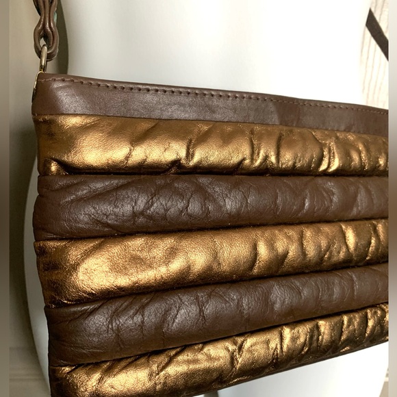 VTG 80s Leather Puffy Padded Quilted Clutch Bag Purse ~ Metallic Gold & Brown - Picture 12 of 12